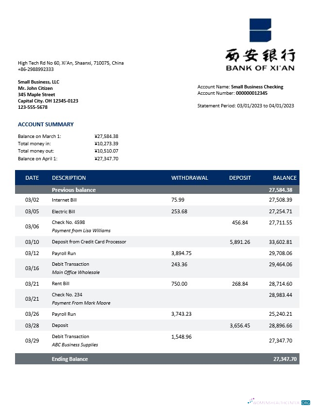 Download Bank of Xi’An enterprise account statement Word and PDF template Photoshop template